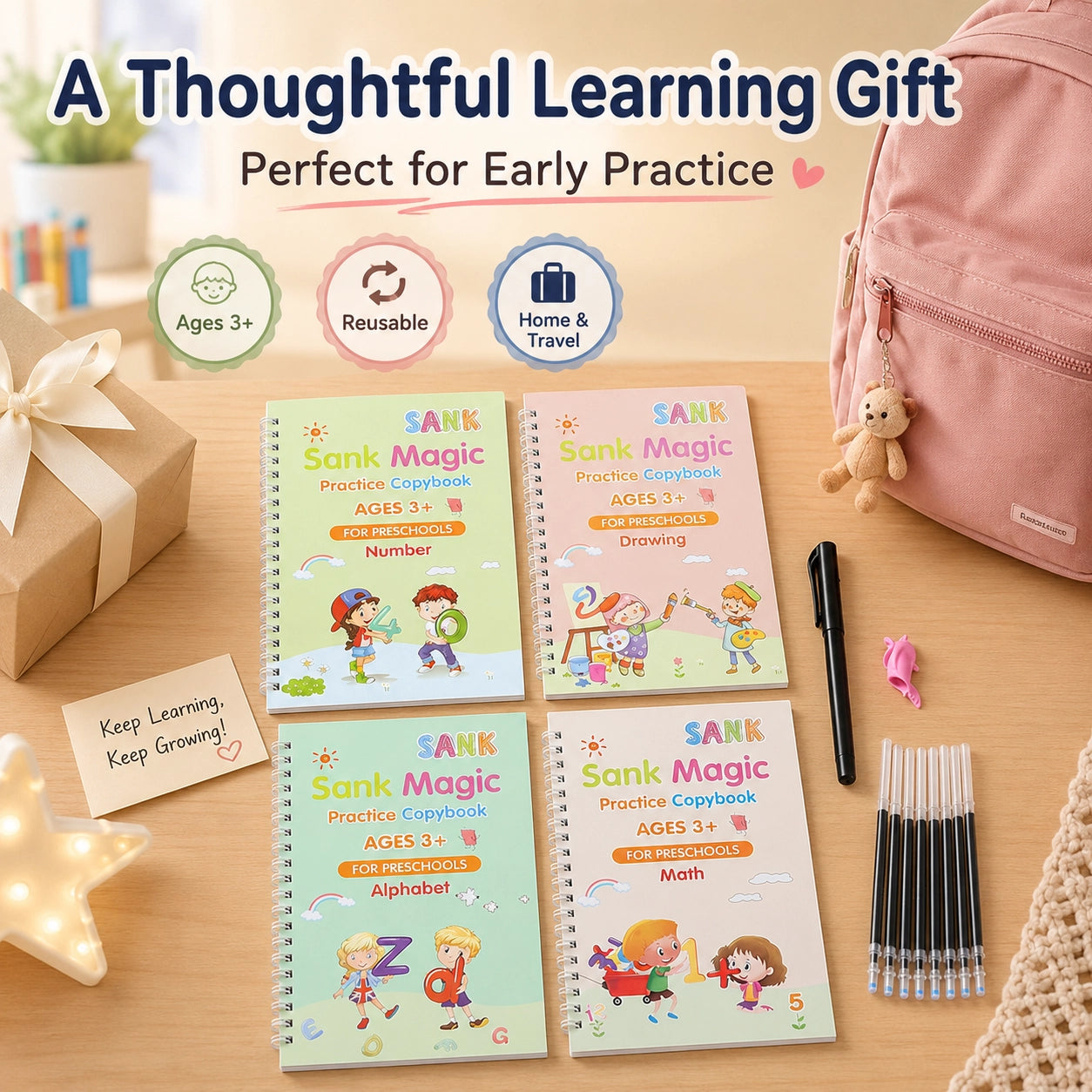 📚Magic Handwriting Practice Copybook Set (4 Books + Pen + 10 Refills + Grip)