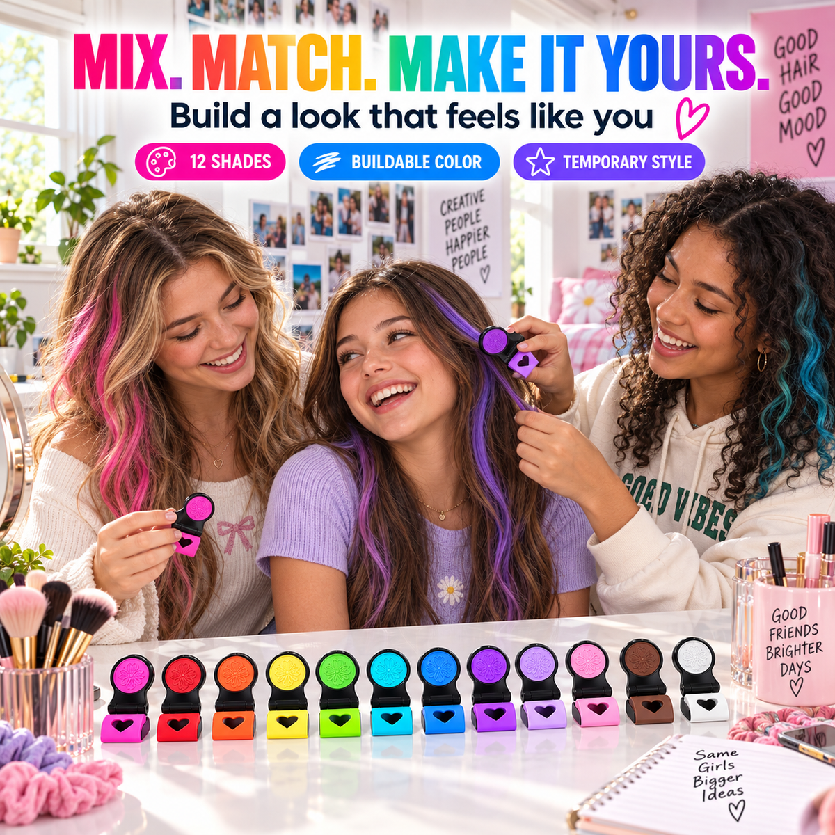 12-Color Temporary Hair Chalk Set – Clip-On Applicators for Rainbow Highlights & Festival Looks