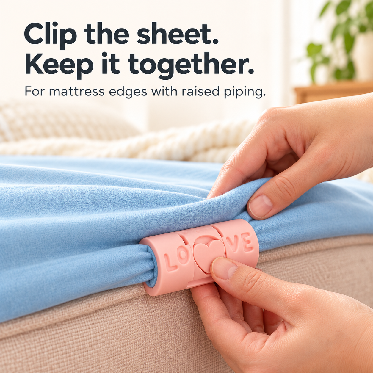 A pink clip holding the blue bedsheet and raised mattress piping together.
