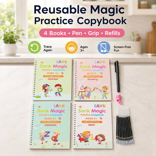 📚Magic Handwriting Practice Copybook Set (4 Books + Pen + 10 Refills + Grip)
