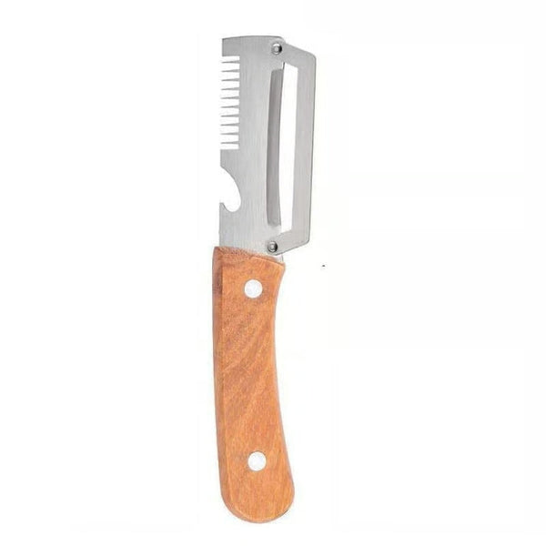 3-in-1 Kitchen Peeler with Wooden Handle, Stainless Steel Blade, Scallion Shredder and Built-in Bottle Opener