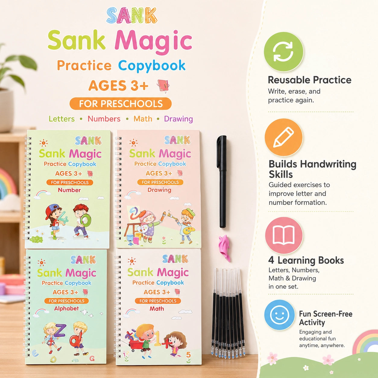 📚Magic Handwriting Practice Copybook Set (4 Books + Pen + 10 Refills + Grip)