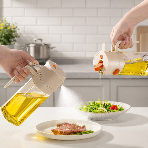 2-in-1 Spray & Pour Oil Dispenser – Glass Kitchen Oil Bottle with Fine Mist Spray (Buy one get one free)
