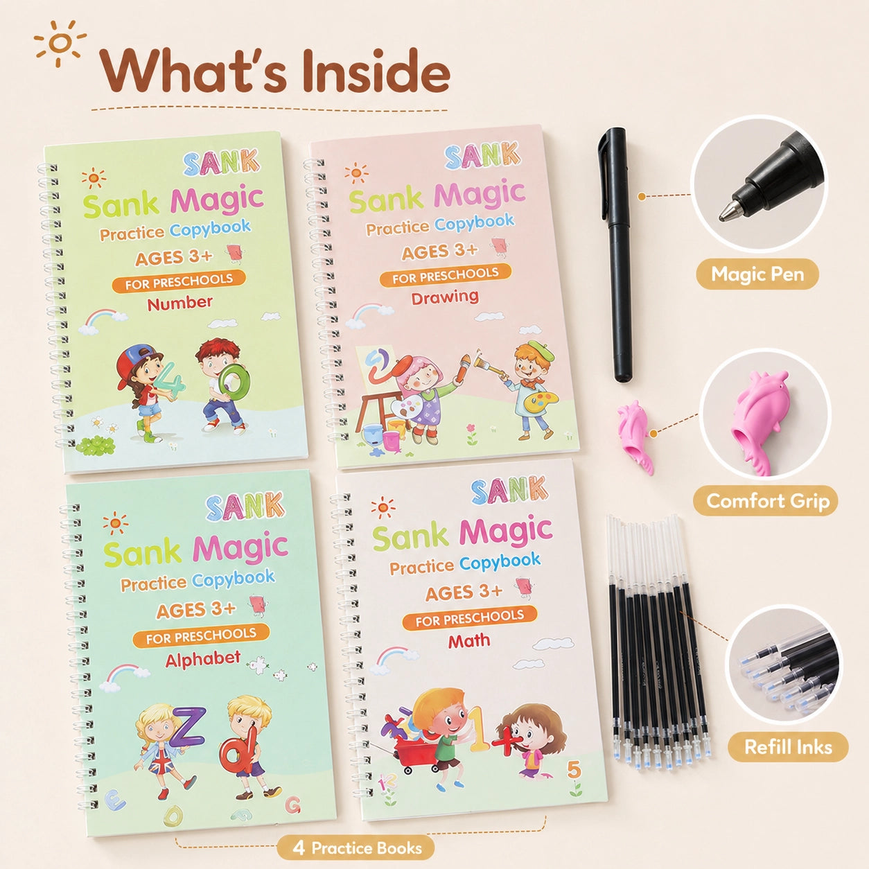 Buy 1 Set (4 Books + Pen + 10 Refills + Grip)