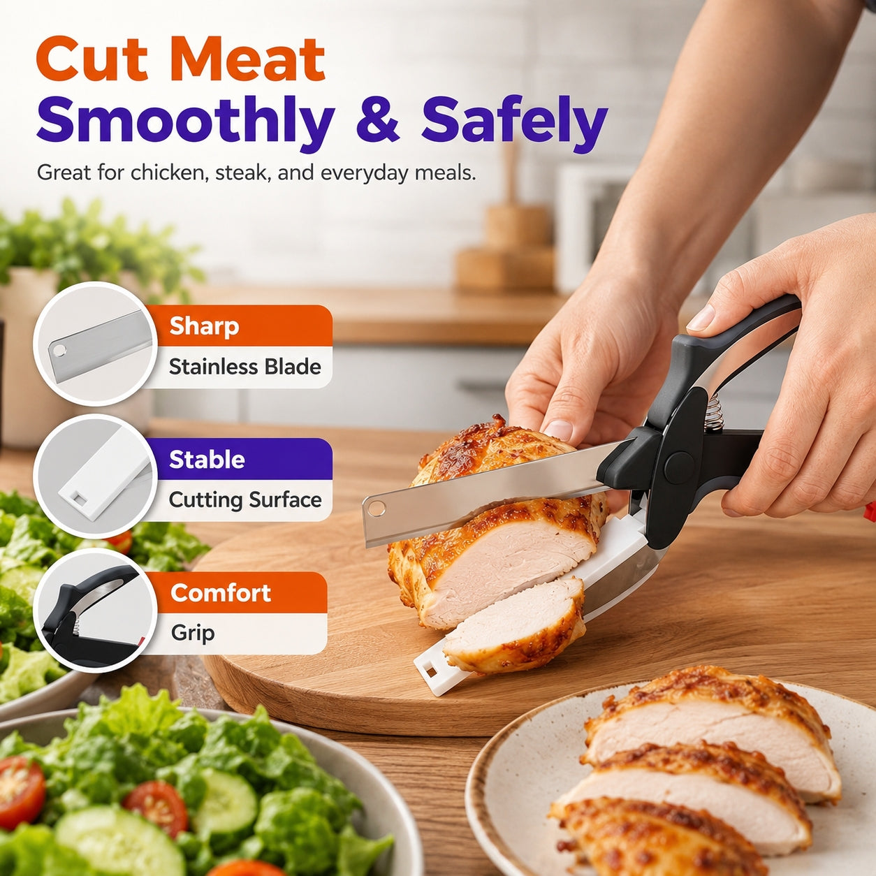 🍅 Slice, Cut & Serve Faster —✂️2-in-1 Kitchen Scissors with Built-In Cutting Board for Easy Meal Prep