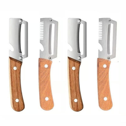 3-in-1 Kitchen Peeler with Wooden Handle, Stainless Steel Blade, Scallion Shredder and Built-in Bottle Opener