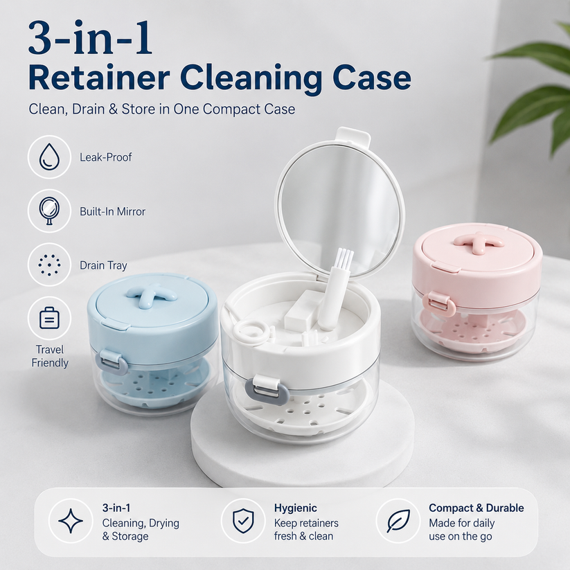 ✨ Portable 3-in-1 Retainer Cleaner Case | Clean, Drain, Dry & Store Aligners, Mouth Guards and Dentures in One Compact Organizer