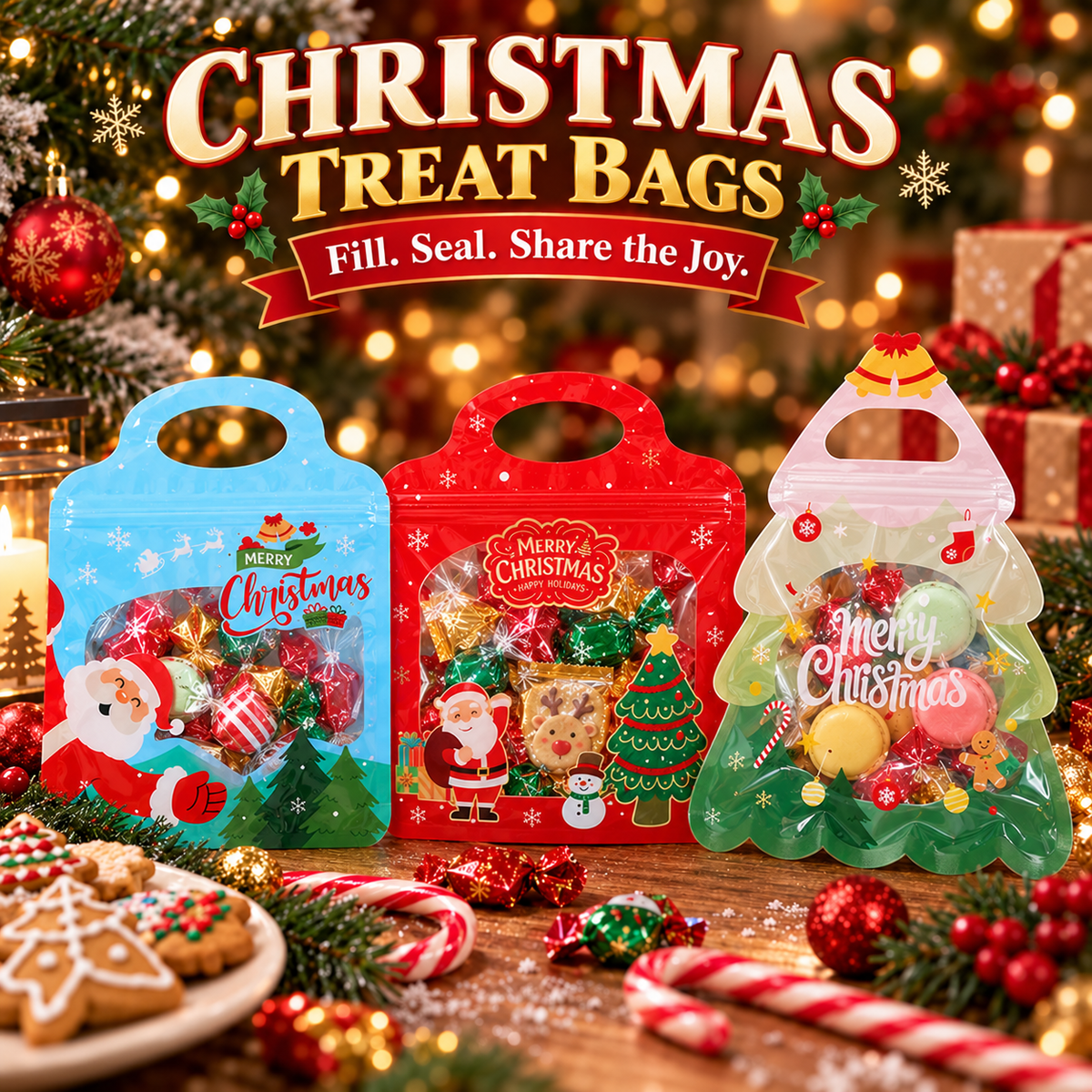 💖LAST DAY SALE 50% OFF!!🎁Easy Fill, Easy Seal🎄 Festive Self-Seal Treat Bags – Santa & Snowman Print | Resealable, Food-Safe & Perfect for Cookies, Chocolates & Little Gifts 🎅⛄