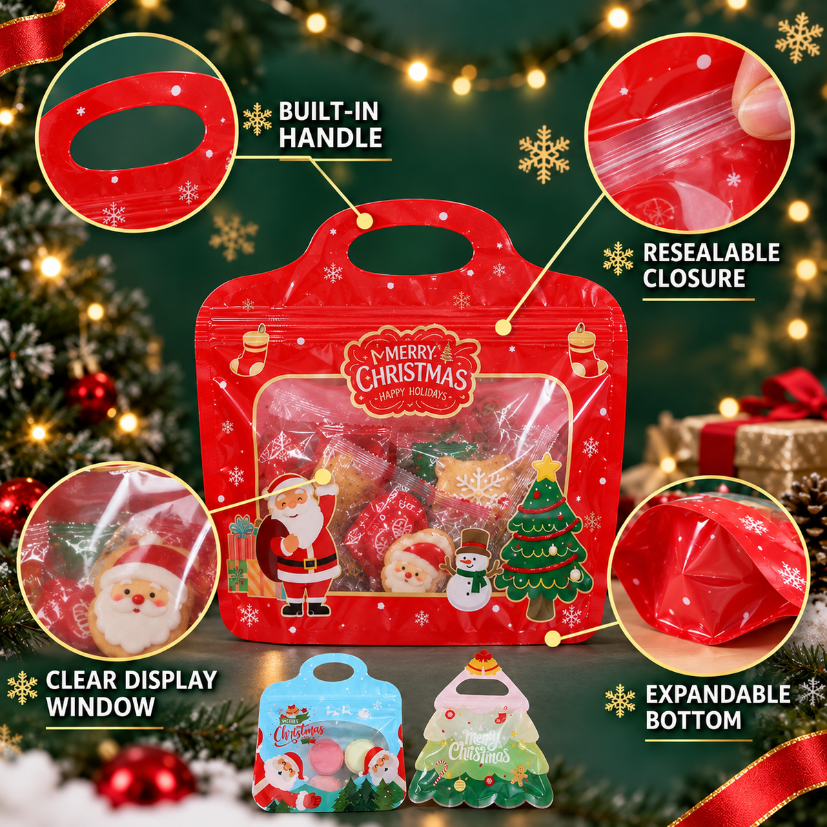 💖LAST DAY SALE 50% OFF!!🎁Easy Fill, Easy Seal🎄 Festive Self-Seal Treat Bags – Santa & Snowman Print | Resealable, Food-Safe & Perfect for Cookies, Chocolates & Little Gifts 🎅⛄