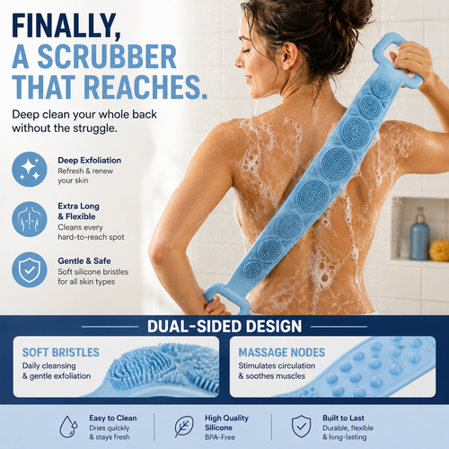 🔥LAST DAY -BUY 2 GET 2 FREE-$8.74 EACH🎁 Double-Sided Silicone Back Scrubber – Long Exfoliating Bath Brush🛁