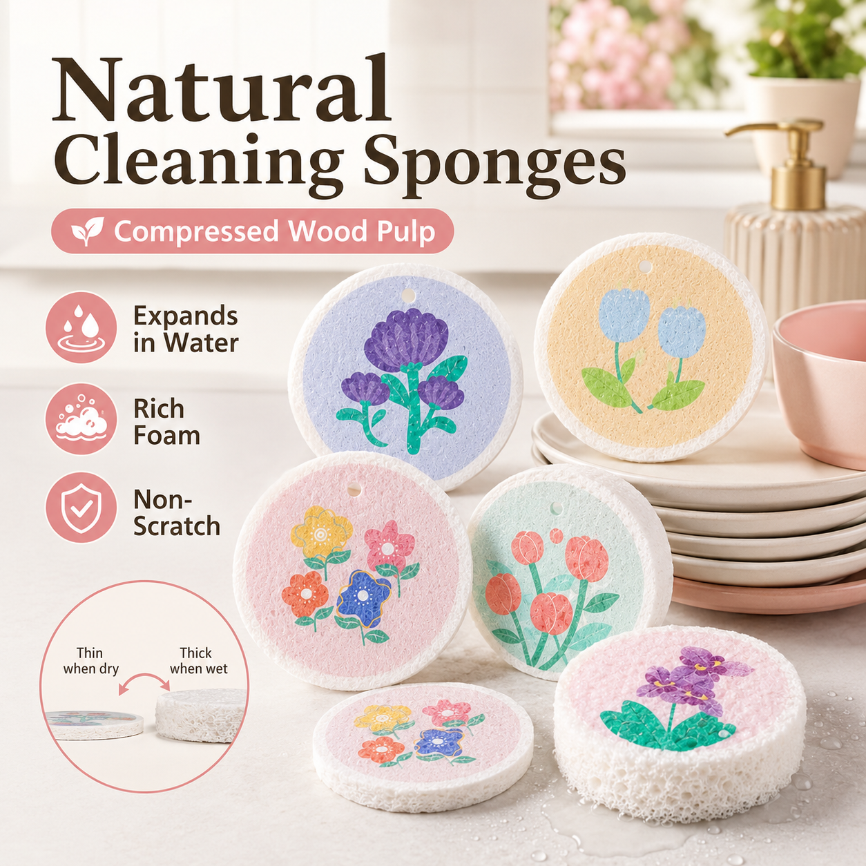 🔥LAST DAY -BUY 4 GET 8 FREE-$2.5 EACH🎁Kitchen cleaning sponge,Wood pulp sponge,Random patterns