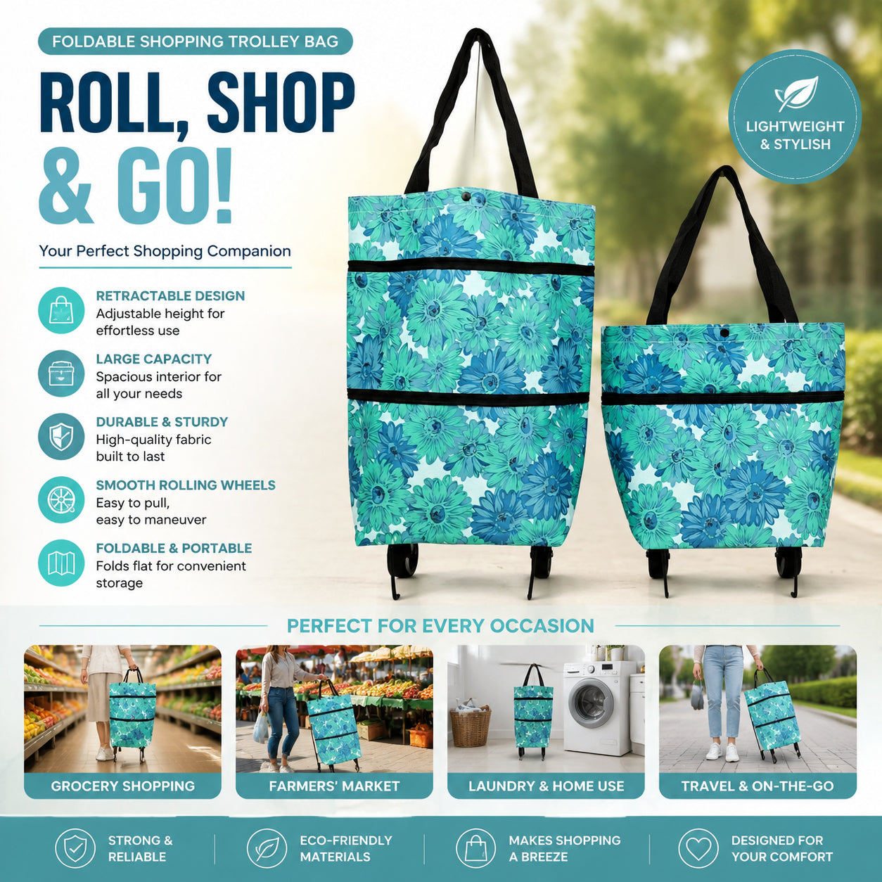 🛒2-in-1 Foldable Shopping Cart with Wheels