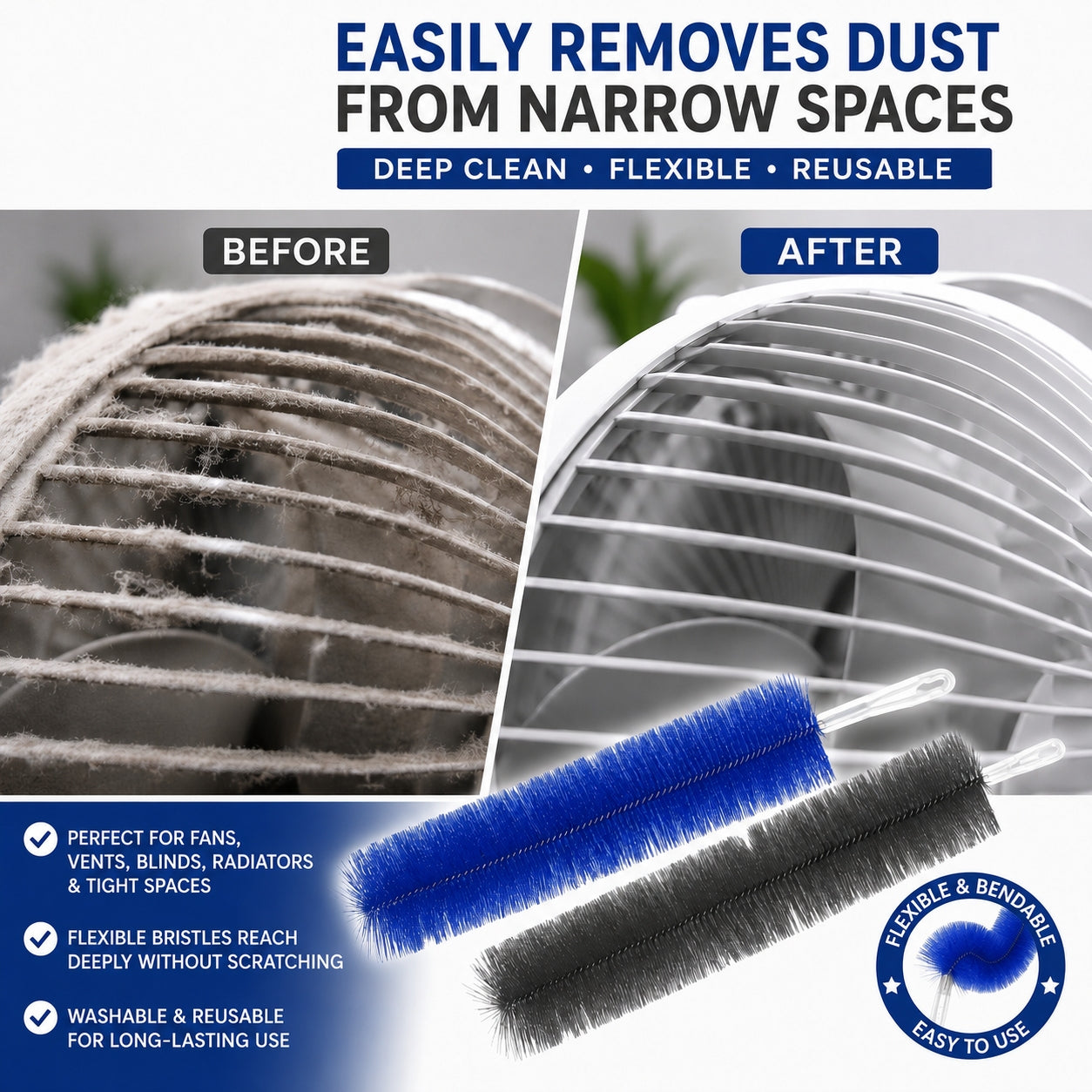 🌀 Clean Hidden Fan Dust In Seconds — Flexible Fan Cleaning Brush for Blades, Vents & Tight Gaps