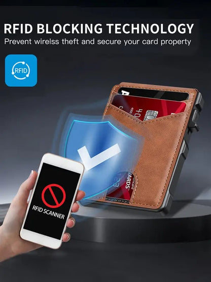 ✨Slim Wallet for Men with Pop-Up Aluminum Case, RFID Blocking & Money Clip | Minimalist Leather Bifold Card Holder