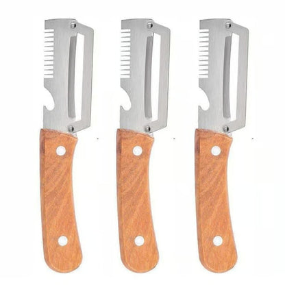 3-in-1 Kitchen Peeler with Wooden Handle, Stainless Steel Blade, Scallion Shredder and Built-in Bottle Opener