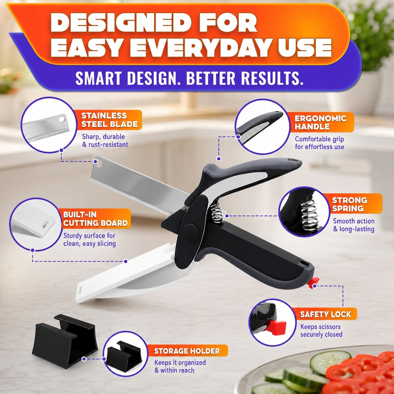 🍅 Slice, Cut & Serve Faster —✂️2-in-1 Kitchen Scissors with Built-In Cutting Board for Easy Meal Prep